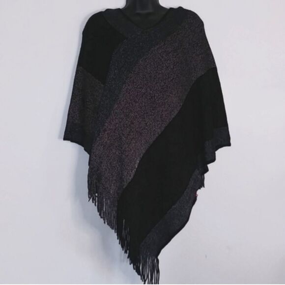 Knitted Shawl with Fringed V-Neck Striped Sweater Pullover Faux Cashmere - Picture 2 of 6